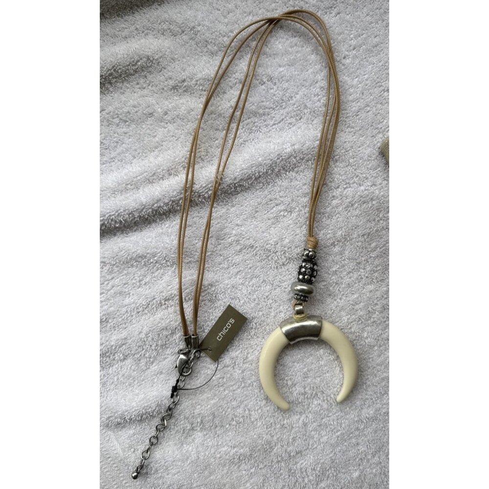 Chicos Faux Ivory Crescent Pendant Silver Tone 21" Long Statement Necklace NEW - Picture 7 of 15